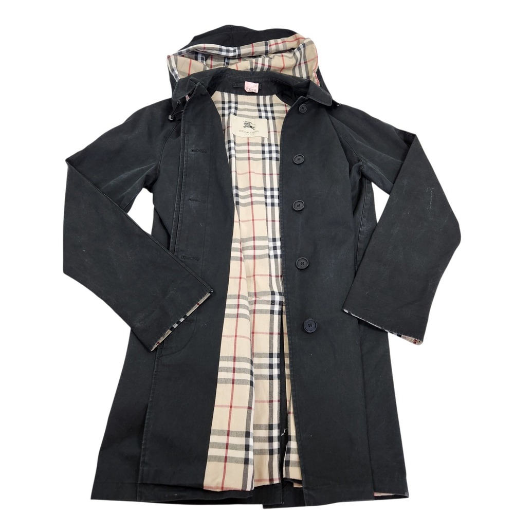 Vintage Burberry London Black Hooded Trench Coat Nova Check Lining Cotton Jacket - Picture 2 of 12
